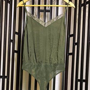 Socialite Olive Green Lace Detail Bodysuit - Small, Silky Spaghetti Strap